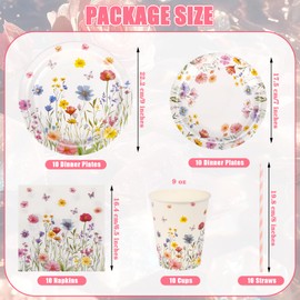 Aitsite Pack of 50 Fresh Flowers Party Tableware Set, Flower Party Plates Birthday for 10 Guests, Fresh Flowers Birthday Tableware, Flower Party Decoration Set, Children's Birthday Plates, Cups,