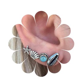 Inilbran Boho Sea Shell Earrings Silver Scallop Shell Studs Earrings Vintage Seashell Clam Earrings Beach Cowrie Starfish Earrings Set Jewelry for Women and Girls