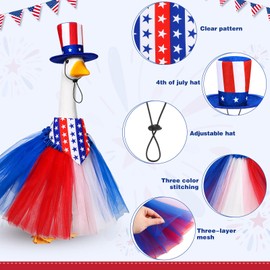 Locmeo 3pcs 4th of July Porch Goose Outfits for 23" Cement Lawn Goose Statue Clothes Hat and Tutu Skirt Independence Day Costume for Party Yard Outdoor(Stripe)