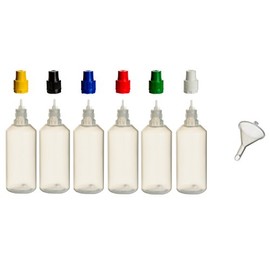 Pack of 6 100 ml PP Bottles with Coloured Lids + Filling Funnel