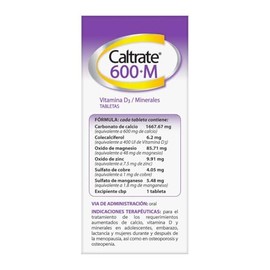 Caltrate 600M Suplemento Multivitamínico De Calcio, con Vitamina D y Minerales, 600 mg, 60 Tabletas