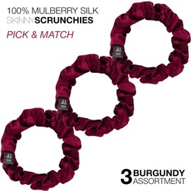 Basic Sense Silk Hair Scrunchies Luxurious Mulberry Hair Tie - Skinny Scrunchy Set of 3pcs, Burgundy