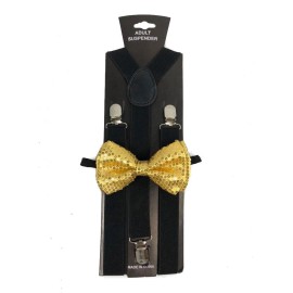 coool Gold Sequin Bow Tie & Black Suspender Set Tuxedo Wedding U.S Seller