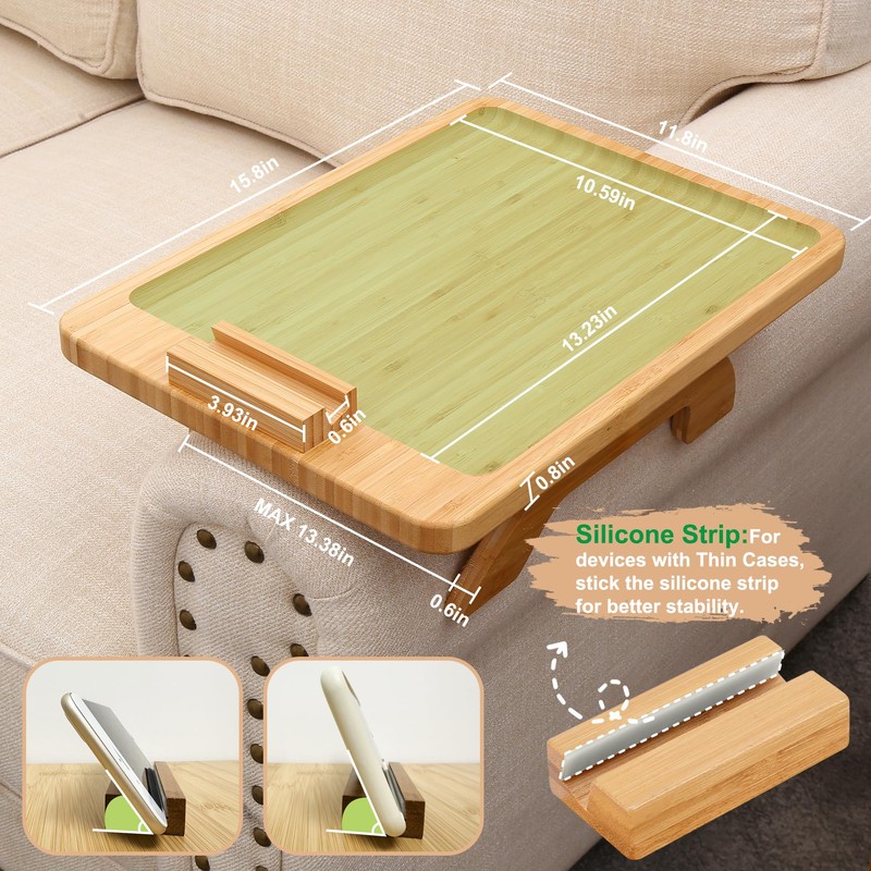 SINWANT Couch Arm Tray Table, Large Bamboo Couch Armrest Table