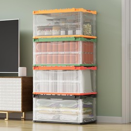 Giantex Storage Bins with Lids - 80 Gal Total Capacity, 4 Pack Stackable Collapsible Storage Boxes with Side Handles, Foldable Plastic Containers for Pantry Office School Dorm Organizer, 4 Colors