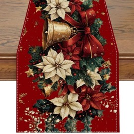 BSITSSS Christmas Table Runner 33 x 183 cm, Red Christmas Table Runner, Xmas Bells Poinsettia Flowers Table Decoration for Xmas Holiday Seasonal Home Party Decor
