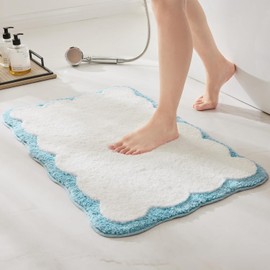Non-Slip Bath Mat, Scalloped Bathroom Floor Mat Super Soft and Water Absorbent, Machine Washable Microfiber Rug for Bath, Shower, Bedroom, Kitchen, Doorway (Blue, 50 x 80 cm)