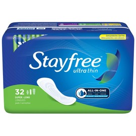Stayfree Ultra Thin Long Super Pads Without Wings, 32 Count, Multi-Fluid Protection for Up to 8 Hours, with Odor Neutralizer