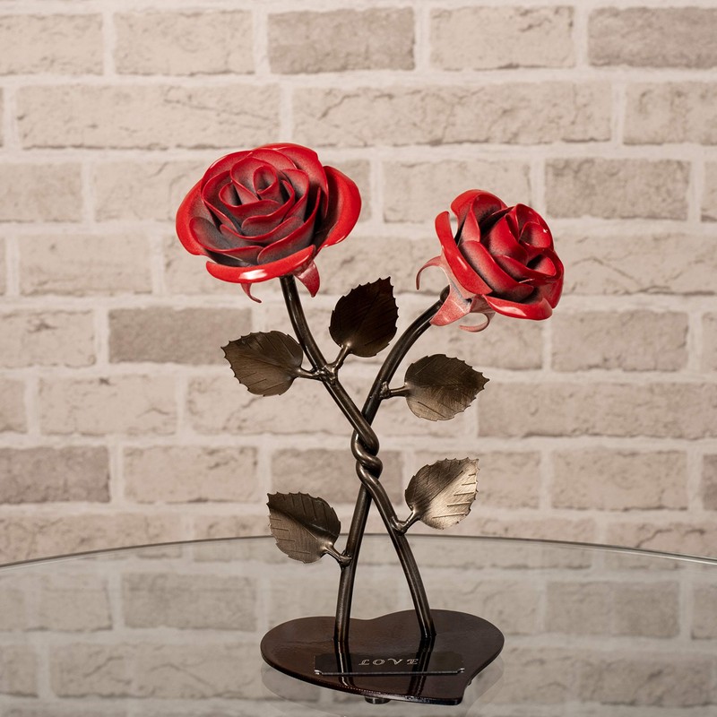 Hand-Forged Wrought Iron Double Red Metal Rose with Twist -