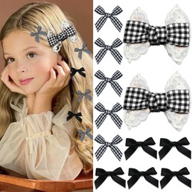 SAWINDA 12PCS Black Hair Bows Gingham Craft Small Bow Hair Clips Plaid Lace Bows for Hair Cute Bowknot Hair Ribbon Hair Barrettes Alligator Clips Accessories for Teens Women Girls