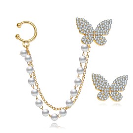 HSAJS Zirconia Crystal Butterfly Earrings, Butterfly Dragon Ear Cuff Ear Cuff with Pearl Chain, Butterfly Earrings Hanging, Cartilage Earrings, Crawler Tassel Earrings for Women, Alloy Steel, Zircon