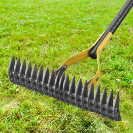 Rake, 70" Heavy Duty Metal Dethatcher Rake with 15" Wide Double-Edged Sharp Tines Thatch Rakes for Lawns,Mulch Dead Grass Removal, Loosening Soil,Lawn Care, Dethatching,Yard,Garden