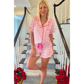 KevaMolly Womens Christmas Lounge Sets Pink Christmas Candy Cane Print Pocketed Knotted Lounge Set Short Sleeve Xmas Top and Shorts M