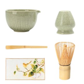 FL-WITHYOU Matcha Set,Match Bowl with Spout and Whisk,Matcha Whisk Holder,Bamboo Matcha Whisk and Bamboo Scoop for Tea Lovers 5 Pack