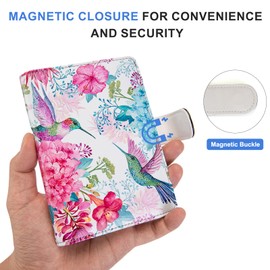 Passport Holder for Travel Essentials, RFID Blocking Passport Wallet Cover with Magnetic Closure, Passport Book Holders for Women and Men (Flowers and Hummingbirds)