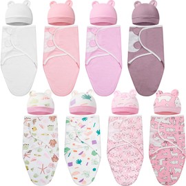 VitalCozy 8 Pack Preemie Swaddle Blanket Wrap with Hat Set for 0-6 Months Cotton Newborn Swaddle Wrap Preemie Hats Wearable Premature Receiving Blankets Preemie Cap for Newborn Boys Girls (Lovely)