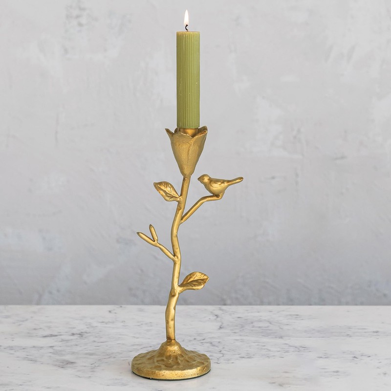 Creative Co-Op Hand-Forged Cast Iron Candelabra with Flowers and Bird,