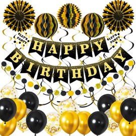 Gold and Black Birthday Party Decorations - Happy Birthday Banner Hanging Swirls Paper Fans Paper Honeycomb Balls Latex Balloons for Men and Boys Birthday Supplies Anniversary Backdrop Retirement
