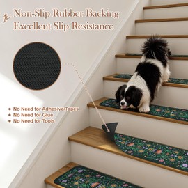 OJIA Floral Stair Treads Non Slip Stair Runners for Wooden Steps Indoor, 15PCS 8"x30" Rubber Backing Carpet Treads for Wood Stairs Staircase Step Treads for Kids & Dogs, Stair Covers, Green
