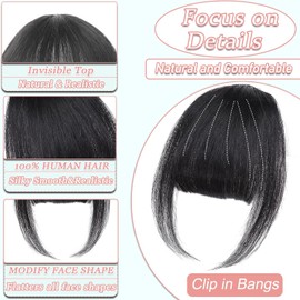 Clip in Bangs, 100% Real Human Hair Wispy Fake Bangs Hair Clip for Women Black Natural Curtain Fringe with Temples Hairpieces for Daily Wear (Wispy, Black)