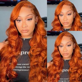 13x6 Ginger Lace Front Wigs Human Hair Body Wave 24 Inch Dark Orange Colored HD Lace Frontal Glueless Wigs Human Hair Pre Plucked for Women with Baby Hair 200% Density