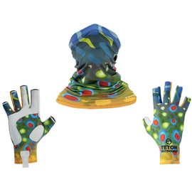 Teton Outdoors Fingerless Fishing Gloves and Neck Gaiter Set UPF50+ Sun Protection for Men & Women Fly Fishing Kayaking Paddling Hiking (Golden Trout, Small/Med)