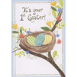 Designer Greetings Light Blue Smiley Faced Baby Egg in Nest on Branch 1st / First Easter Card for Baby