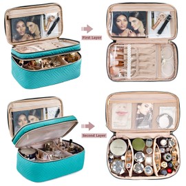 AMOIGEE Bolsa de maquillaje grande, organizador de bolsas de maquillaje de viaje, bolsa de maquillaje de doble capa, bolsa de aseo para brochas de maquillaje, botellas de tamaño completo, paletas de esponja, organizador de cosméticos, verde azulado, Ⅰ-La