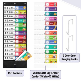 Mr. Pen Daily Schedule Pocket Chart, 13+1 Pockets, 26 Double Sided Reusable Cards (13 Colored+13 Blank), 12.8'x35', Classroom Schedule Chart