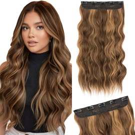 Silk-co One Piece Clip In Hair Extensions Curly 150g Hair Extensions Clip in Hairpieces 5 Clips Wavy Curly Synthetic 3/4 Half Full Head for Laides and Women 20 Inch（50 cm） Light Brown mix Ash Blonde