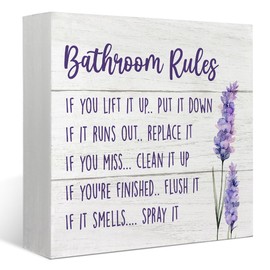 FLVGE Bathroom Rules Wooden Box Sign Desk Decor,Lavender Purple Farmhouse Toilet Decorations,Restroom Shelf Decor,Rustic Toilet Wood Block Plaque Sign for Home Tabletop Desk,5x5