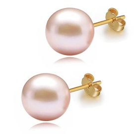 pink pearl 18K Gold stud Earrings for women Ladies Girl，Handpicked Genuine Freshwater aquaculture Cultured AAAA+ Pearls. (pink-10mm)