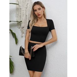 Missufe Women's Square Neck Short Sleeve Crop Top Bodycon Short Skirt Set Summer Casual 2 Piece Outfits (Black, Small)