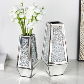 SHYFOY Crushed Diamond Mirrored Vases Set of 2, Silver Glass Flower Vases for Table Home Decor Crystal Vases for Dried Flowers Centerpieces - Can’t Hold Water