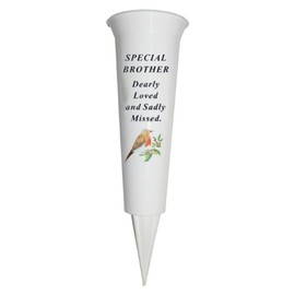 Plastic Flower Holders/Memorial Grave Vases Ornaments - Spike Flower Grave Vases for Grave Decoration with Engraved Funeral Verses for Your Loved Ones - White Spike With Robin Image (Brother)