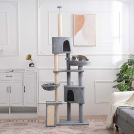 105 Inch Cat Tree for Indoor Cats, Multi-Level Cat Tower with 3 Perches, 2 Caves & Cozy Basket, Tall Scratching Post with Scratching Board, Large Cat Condo Furniture for Kittens to Adult Cats