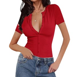 INFITTY T Shirts Short Sleeve V-Neck Tees Tops for Women Fashion Trendy Lightweight Soft Casual Summer Outfits Clothes Red S