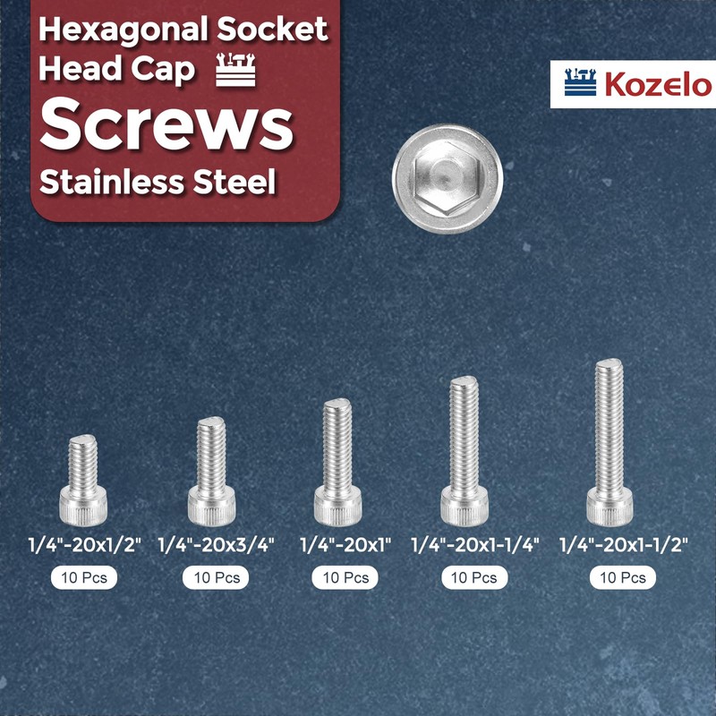 Kozelo 50pcs 1/4"-20 Socket Head Cap Screws Bolts Nuts Assortment