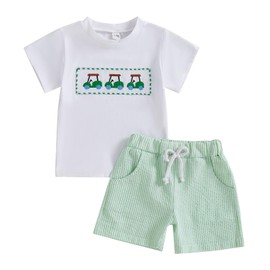 CIYCUIT Toddler Baby Boy Clothes Embroidered Print T-Shirt and Striped Shorts 2 Piece Outfit Set Green 3-4T