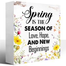 LVQHI Rustic Spring Wood Block Signs,Spring is The Season of Love Hope and New Beginnings Rustic Wooden Box Sign for Home Shelf Bedroom Tabletop Desk Decor,Farmhouse Sign Decor