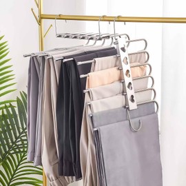 MAECEMZ Pants Hangers Space Saving- 4 Pack Stainless Steel Multifunctional Pants Rack, 6 Layers Non-Slip Closet Organizer Pants Rack Holder for Pants Jeans Trousers Skirts Scarf (Silver, 4 Pack)