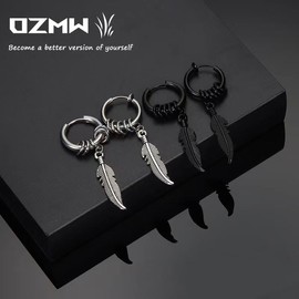 Ozmw 2 Pairs Black Men's Earrings Feather Earrings Hypoallergenic Punk Earrings Stainless Steel (1 Pair Black, 1 Pair Silver), Alloy Steel