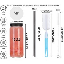 ASANMEYO 16 OZ 8-Pack Glass Juice Bottles with 8 Airtight Lids & 4 Straw Hole Lids & 4 Straws - Travel Juicing Jars, Drinking Water Cups, Reusable Tall Mason Jar for Juice, Bubble Tea, Smoothie
