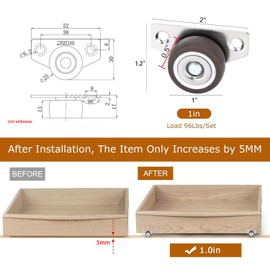 Lexziuo 8PCS Small Side-Mounted Drawer Caster Wheels, Mini Low-Profile, Rigid Wheels for Furniture, Under-Bed Drawers, Trays & DIY Projects, Each Supports 24Lbs