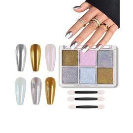 LEEQBCR 1 Stück 6 Fächer Nagel Chrom Pulver, Glitter Nagelpulver, Chrom Nagelpulver, Spiegeleffekt Chrom Nagelpulver, Laser Chrom Pulver, Perleffekt Pulver für die Nagelkunst