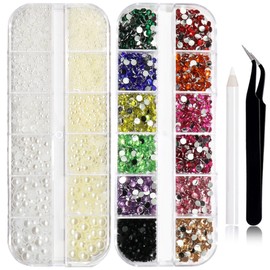 RODAKY 2 Boxes Flatback Pearls and Rhinestones for Crafting,Mixed Size Color Mix Resin Rhinestones for Nail Gems Bedazzling,White & Beige Half Pearl for Nail Jewelry DIY Crafts Nail Art Decoration