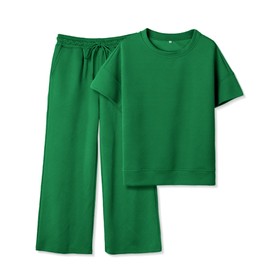 SeeLuNa Women's 2 Piece Outfits Textured Sweatsuit 3/4 Batwing Sleeve Crew Neck Pullover Top Wide Leg Pant Tracksuit Set(Green,L)