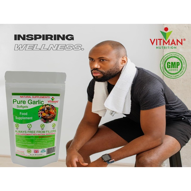 Pure Garlic Softgels, High Strength 1000mg, Odourless, 60 Capsules, Gluten