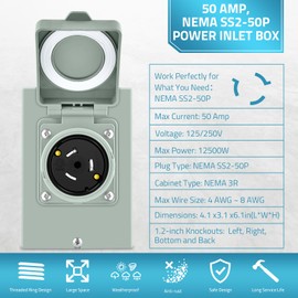 PAULINN 50 Amp Generator Power Inlet Box| NEMA 3R Power Inlet Box|125/250 Volt, 12500W, PB50, SS2-50P, Generator Plug| for Outdoor Receptacle, Generator Outlet| Weatherproof, ETL Listed
