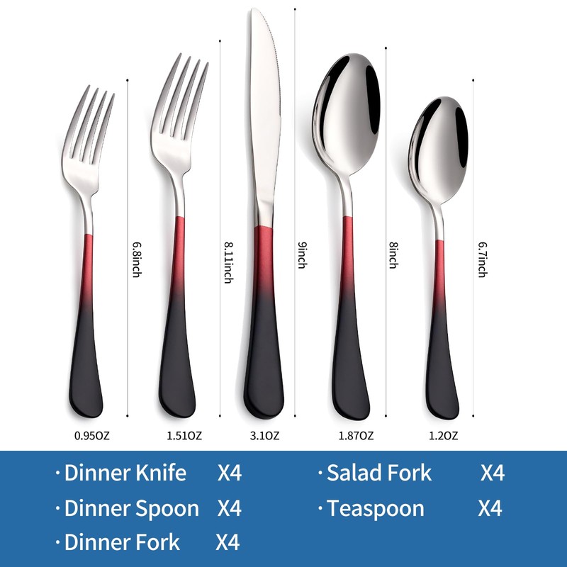 Moxinox 20-Piece Black Red Silverware Set, 18/0 Stainless Steel Colorful